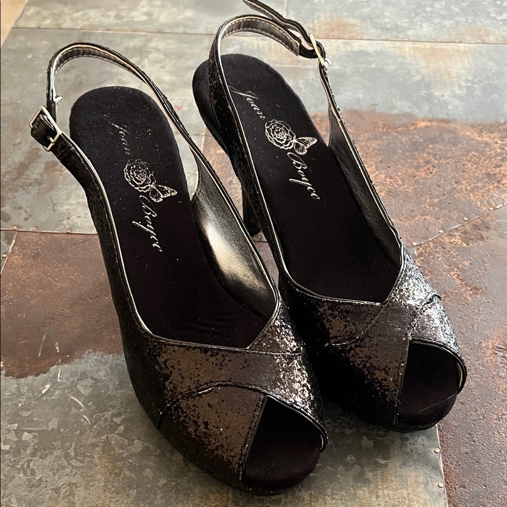 Joan Boyce | Black Sparkly Peep-Toe Slingback Platform Heels